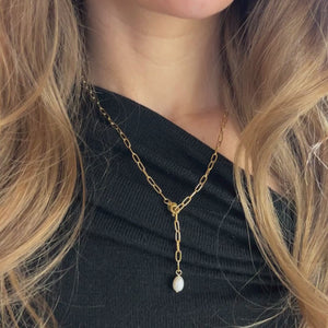Perle Paperclip Halskæde - 18K Guldbelagt